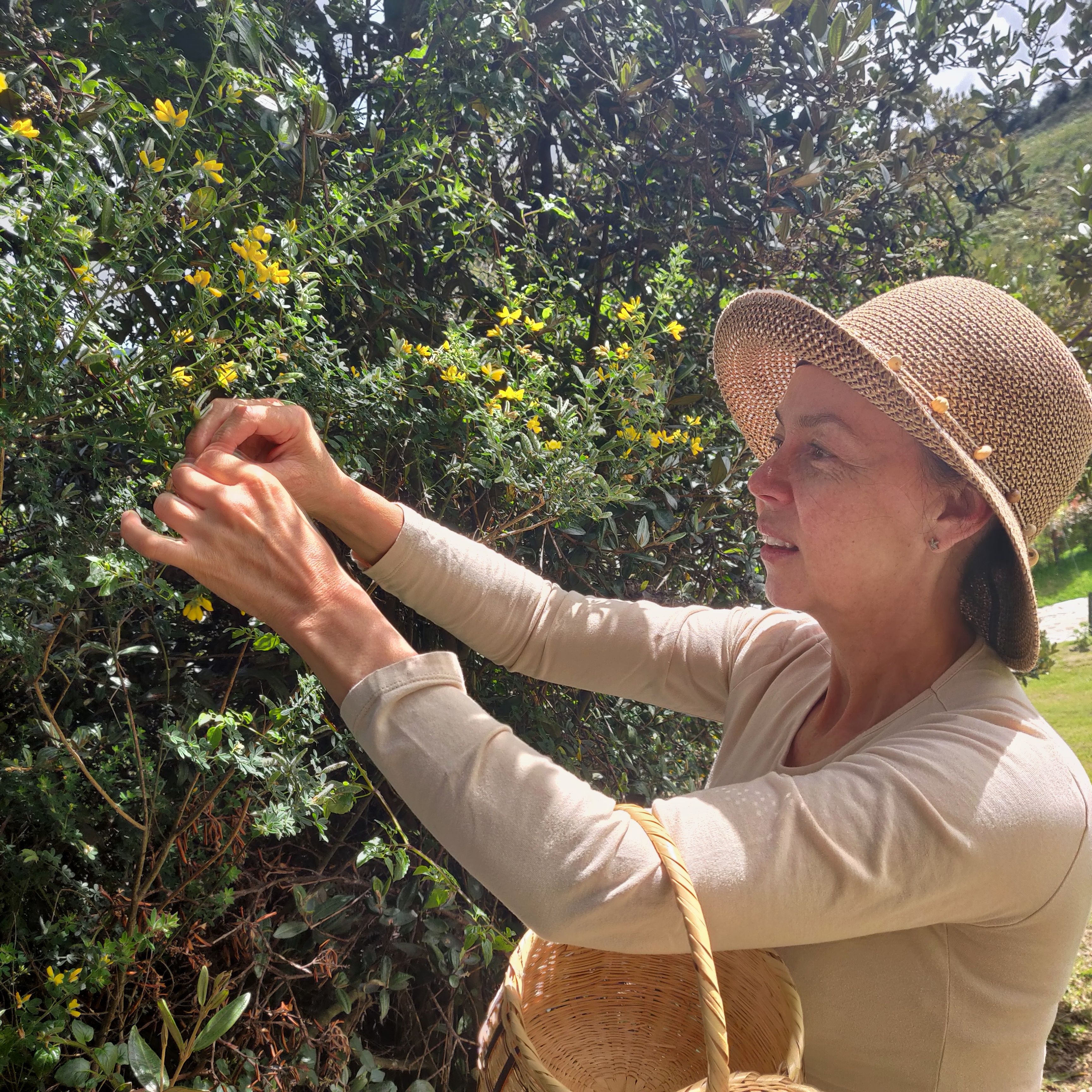 La fundadora de aum. recogiendo flores silvestres en la finca de Subachoque